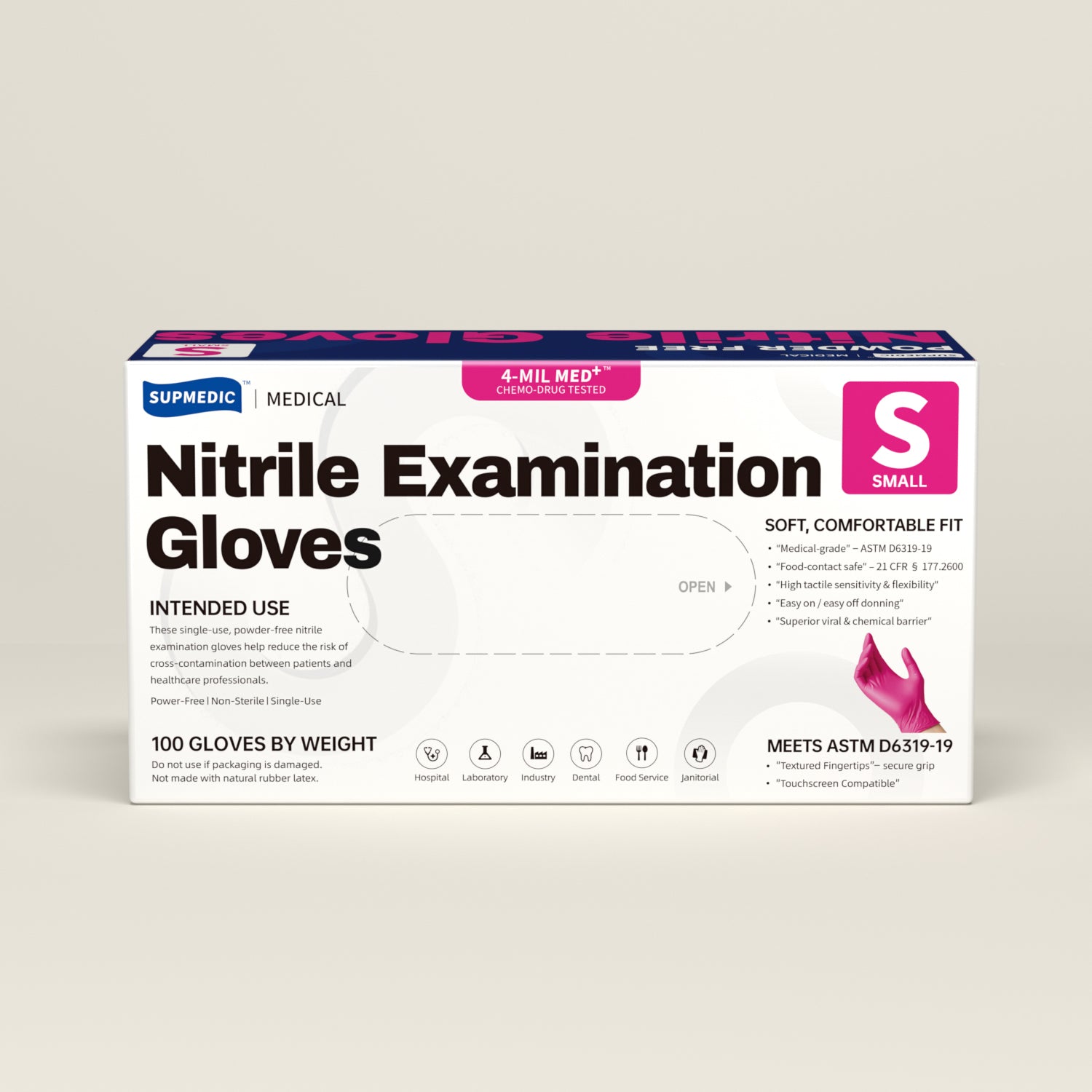 MED+ Nitrile Gloves, 4 Mil Disposable Medical Gloves Rose Orchid 100 Pcs