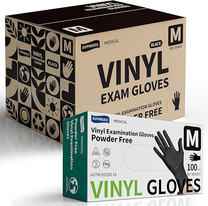 VINYL+ Disposable Gloves, 4 Mil Powder-Free Latex-Free Medical Glove, Black 1000 Pcs