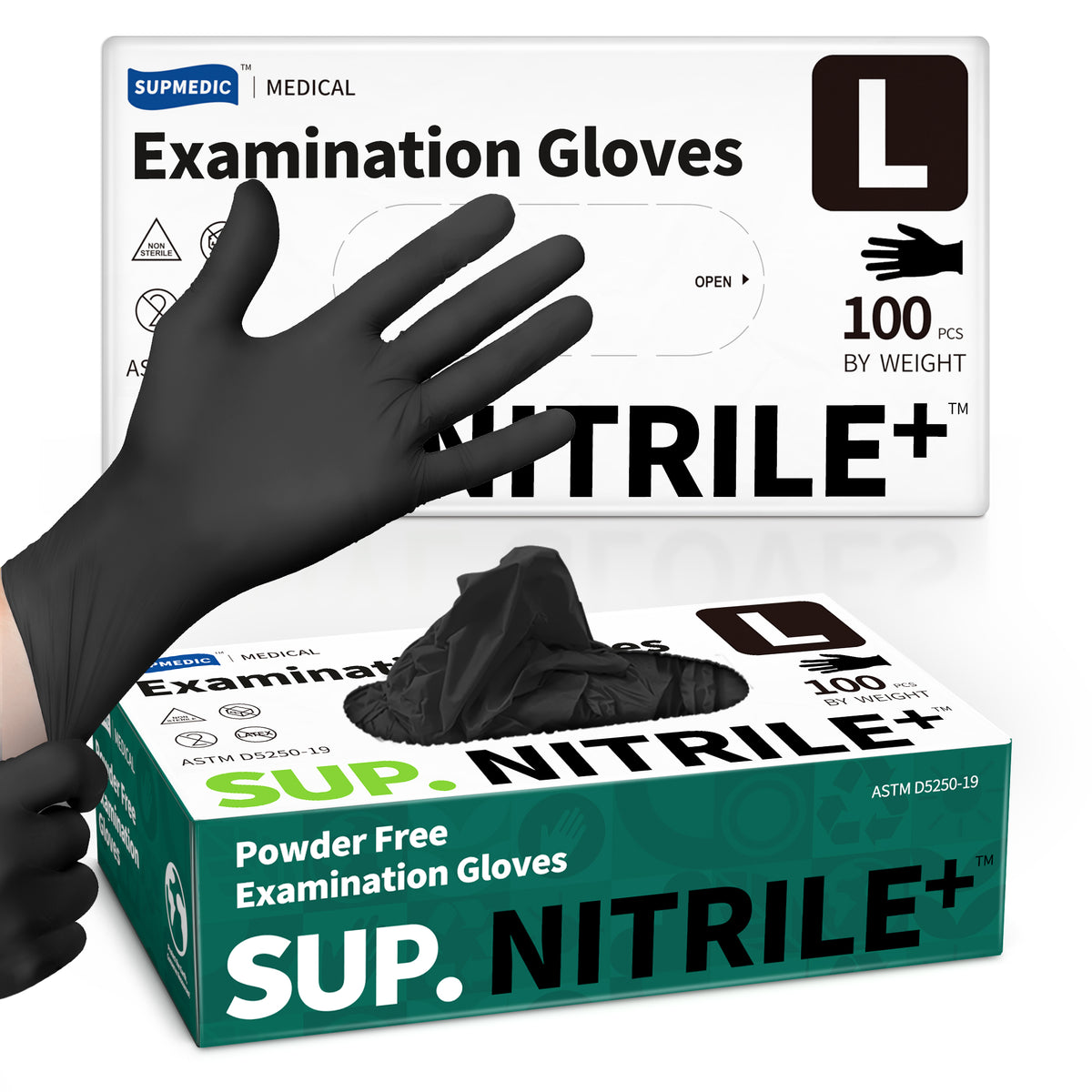 Sup. Nitrile+™ Examination Gloves, Powder Free Medical Disposable Gloves, Black, Box of 100 pcs