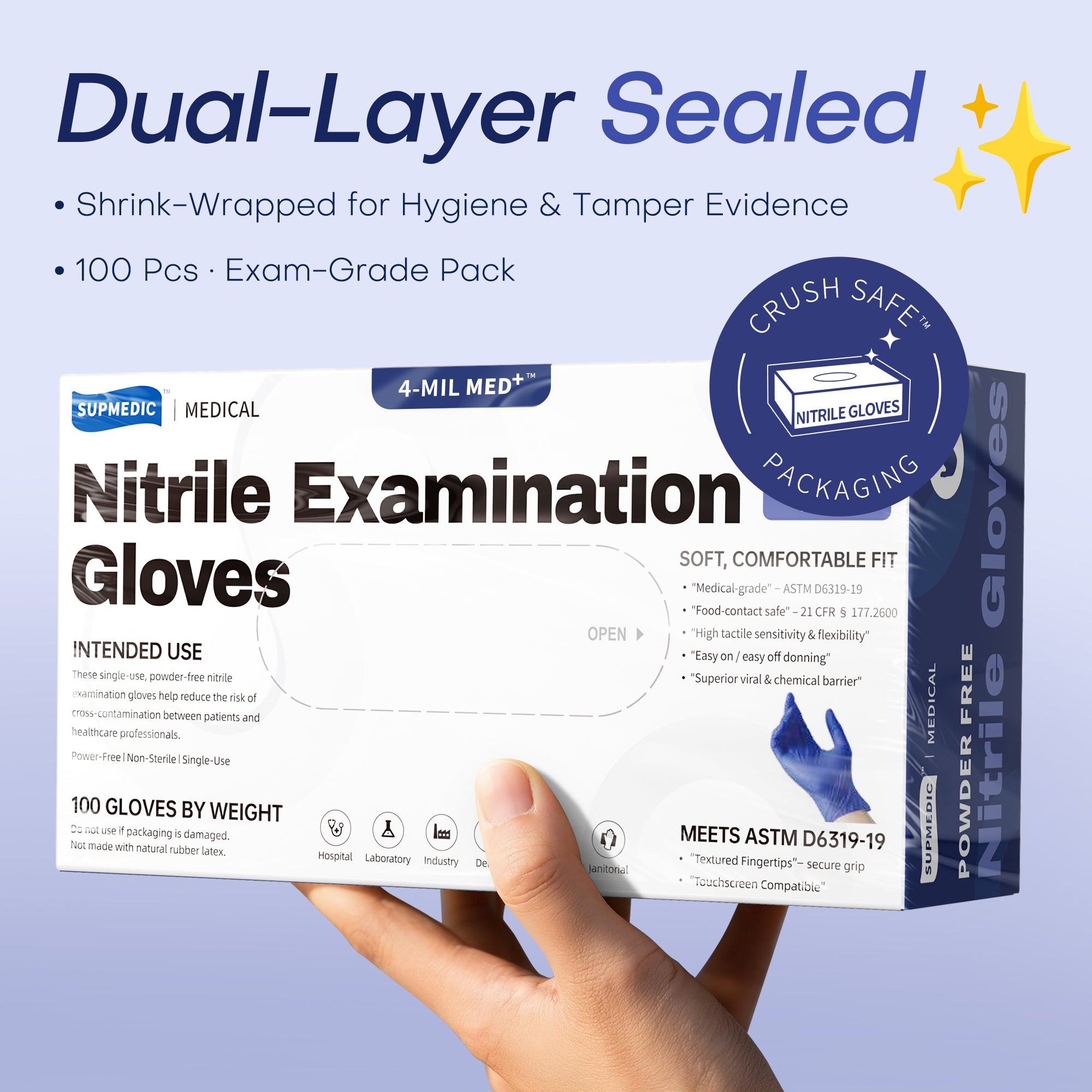 MED+ Nitrile Gloves, 4 Mil Disposable Medical Gloves Blue Violet 100 Pcs