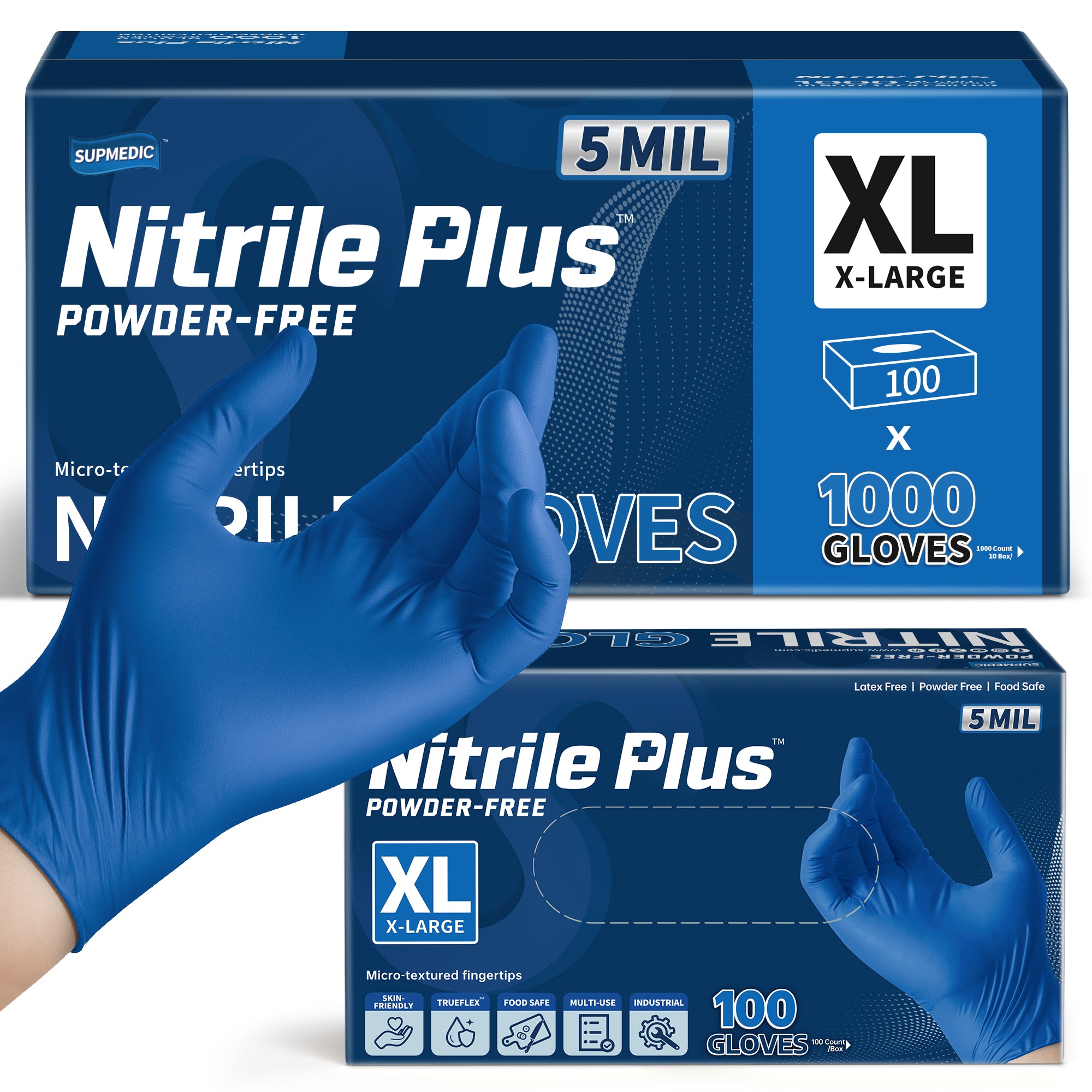 NITRILE+ Disposable Gloves, 5 mil, Blue Medical Gloves 1000 Pcs