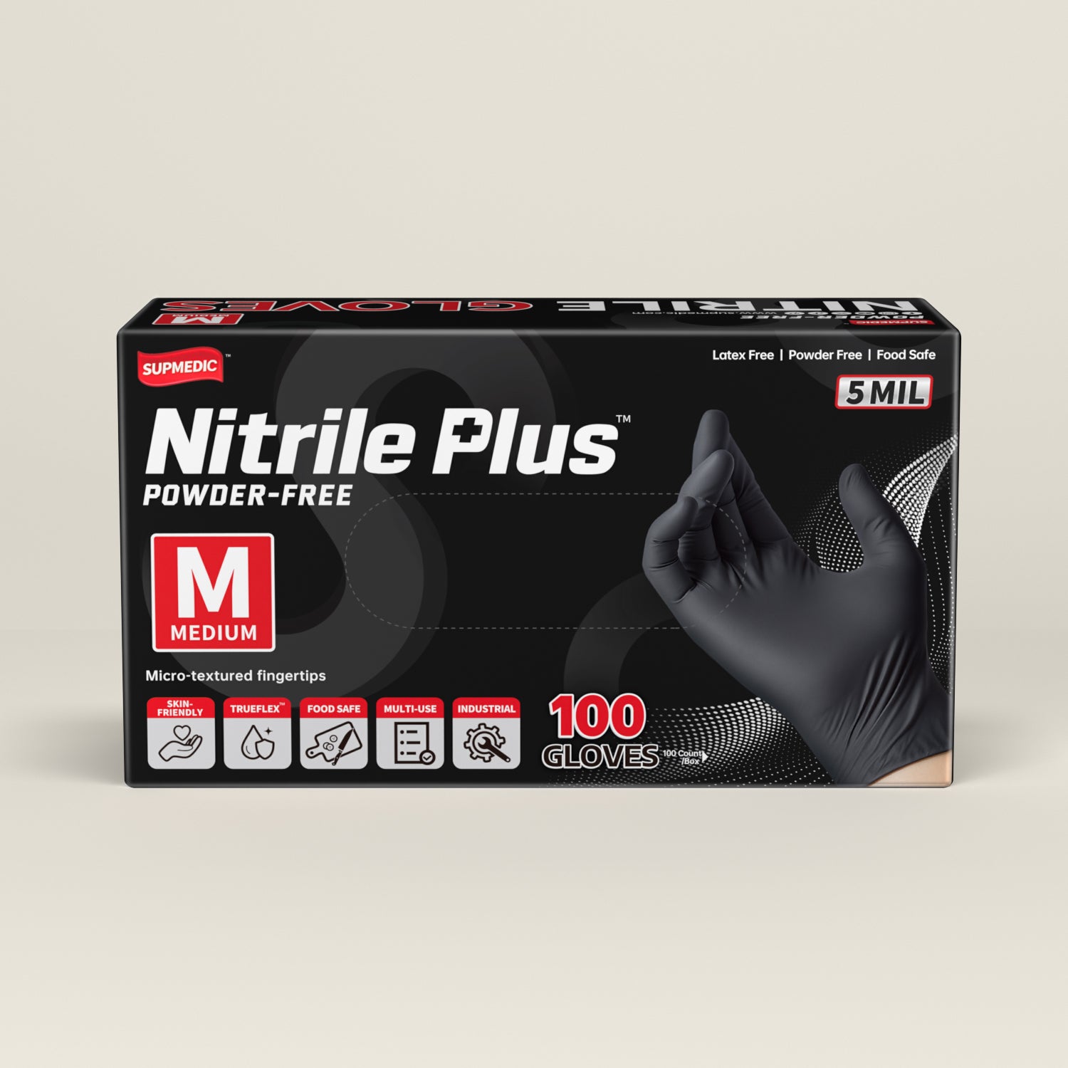 NITRILE+ Disposable Gloves, 5 mil, Black Medical Gloves 100 Pcs