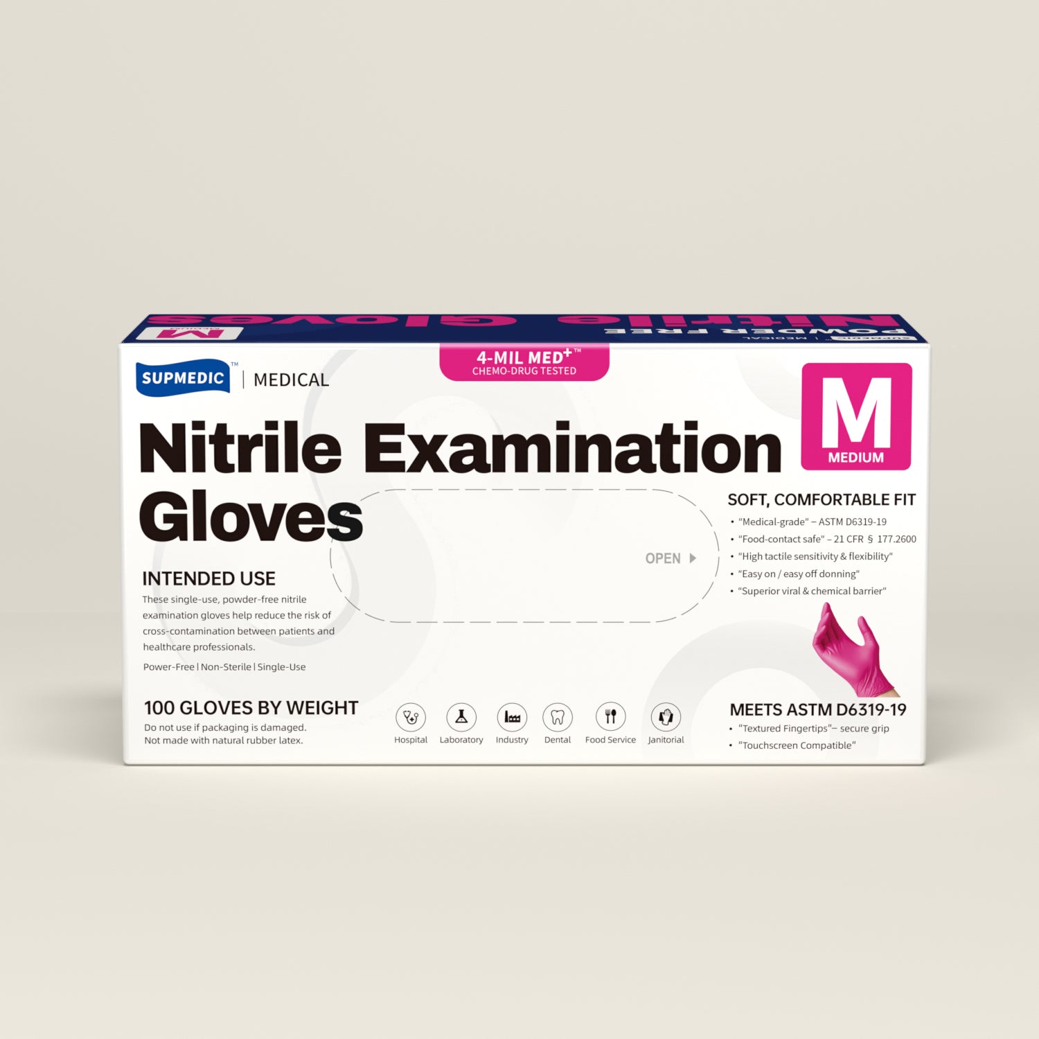 MED+ Nitrile Gloves, 4 Mil Disposable Medical Gloves Rose Orchid 100 Pcs