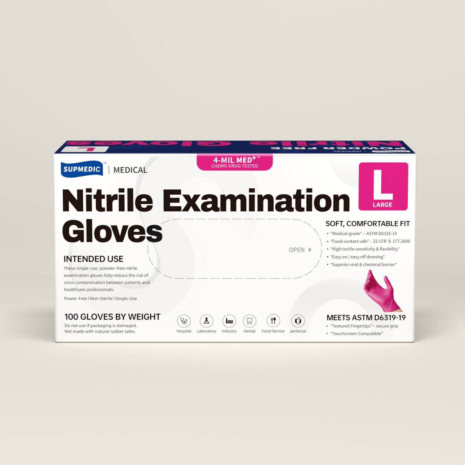 MED+ Nitrile Gloves, 4 Mil Disposable Medical Gloves Rose Orchid 100 Pcs
