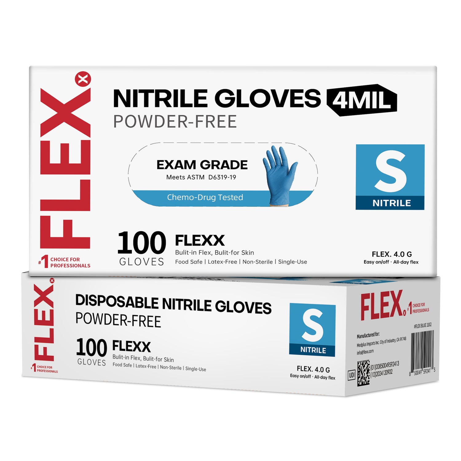 FLEXX™ Disposable Nitrile Gloves, 4 Mil Powder Free Exam Gloves for Medical, Cooking, House Cleaning, and Gardening, Blue, Box of 100 pcs, Small
