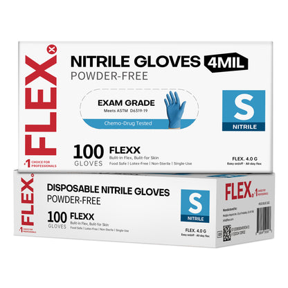 FLEXX™ Disposable Nitrile Gloves, 4 Mil Powder Free Exam Gloves for Medical, Cooking, House Cleaning, and Gardening, Blue, Box of 100 pcs, Small