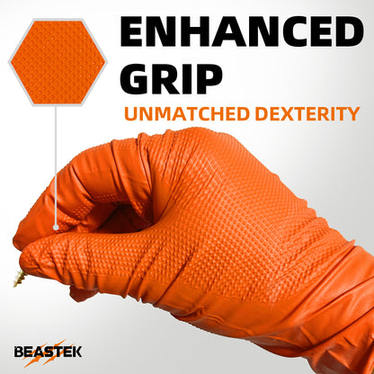 BEASTEK Nitrile Diamond™ Examination Gloves, 8 Mil Powder Free Medical Disposable Gloves, Heavy Duty, Industrial, Orange, Box of 100 pcs