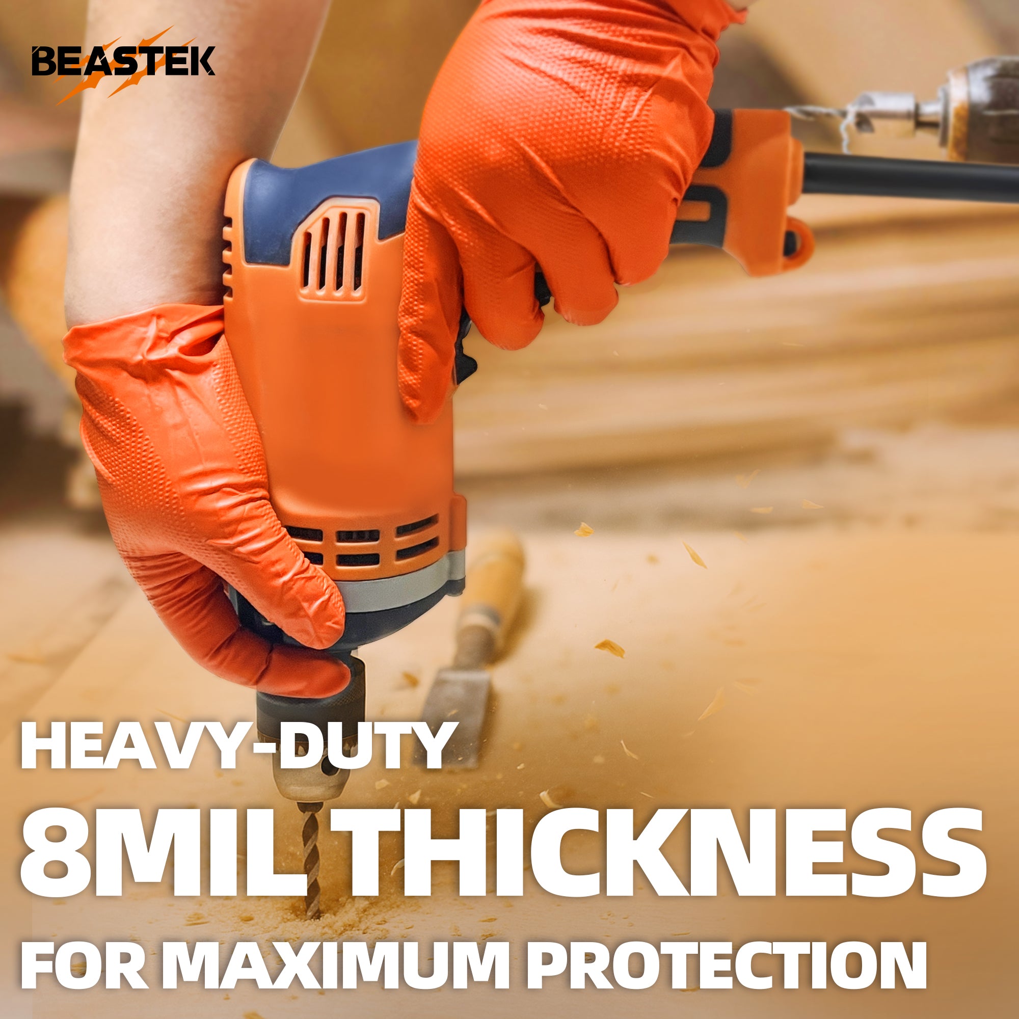 BEASTEK Nitrile Diamond™ Examination Gloves, 8 Mil Powder Free Medical Disposable Gloves, Heavy Duty, Industrial, Orange, Box of 100 pcs