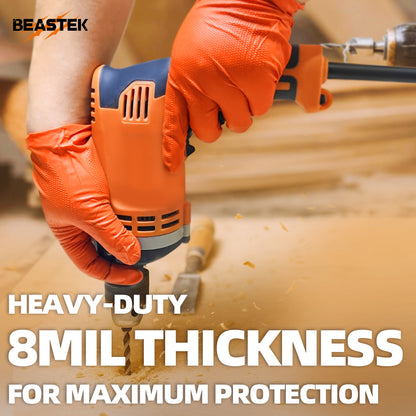 BEASTEK Nitrile Diamond™ Examination Gloves, 8 Mil Powder Free Medical Disposable Gloves, Heavy Duty, Industrial, Orange, Box of 100 pcs