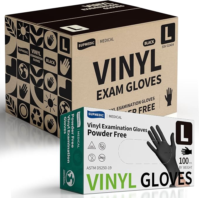 VINYL+ Disposable Gloves, 4 Mil Powder-Free Latex-Free Medical Glove, Black 1000 Pcs