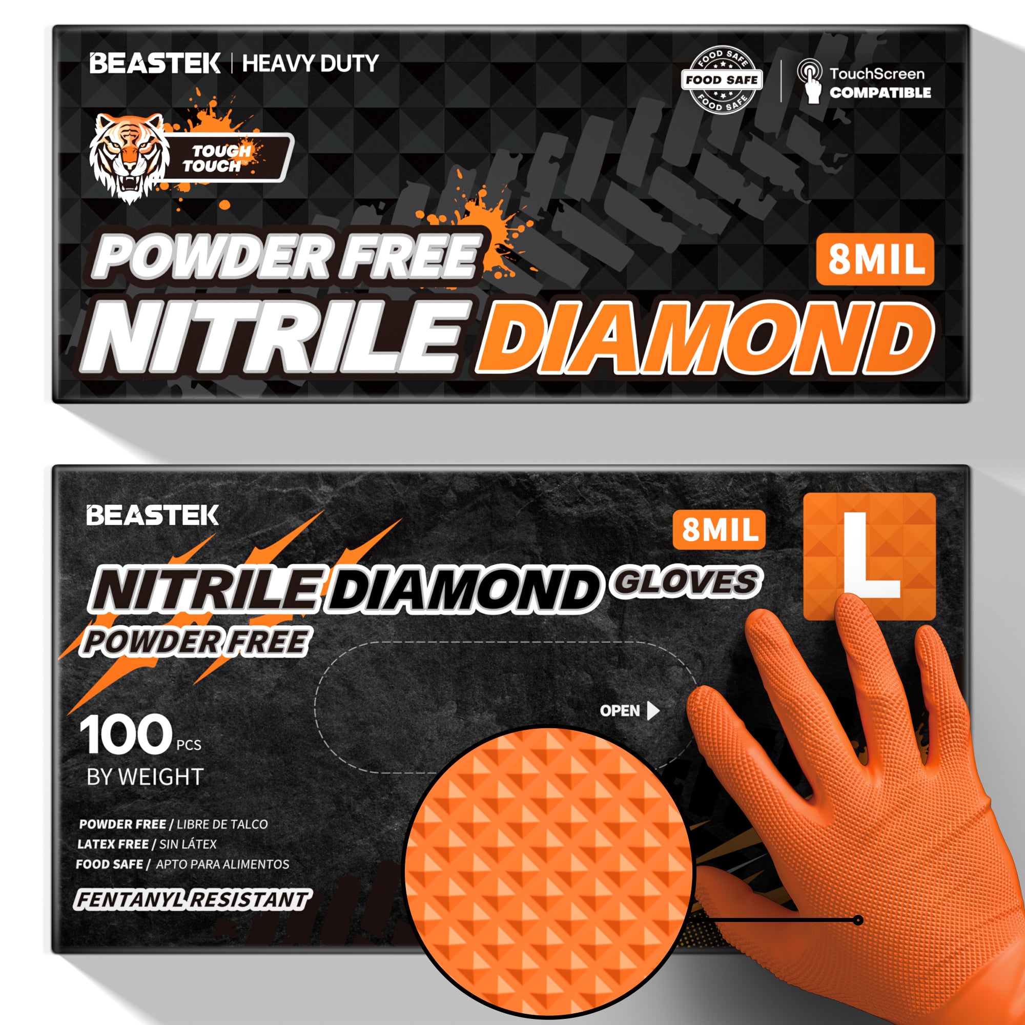 BEASTEK Nitrile Diamond™ Examination Gloves, 8 Mil Powder Free Medical Disposable Gloves, Heavy Duty, Industrial, Orange, Box of 100 pcs