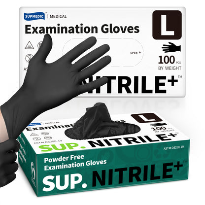 Sup. Nitrile+™ Examination Gloves, Powder Free Medical Disposable Gloves, Black, Box of 100 pcs