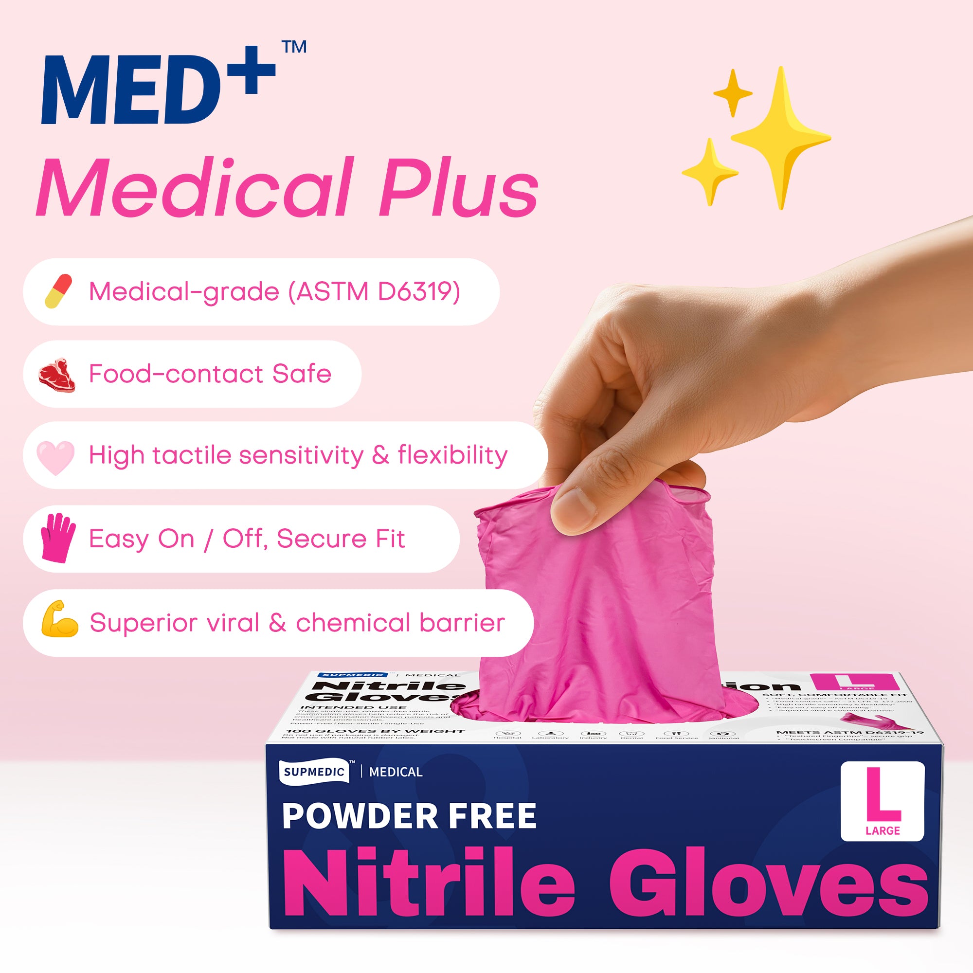 MED+ Nitrile Gloves, 4 Mil Disposable Medical Gloves Rose Orchid 100 Pcs
