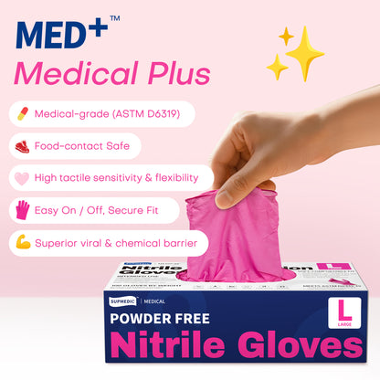 MED+ Nitrile Gloves, 4 Mil Disposable Medical Gloves Rose Orchid 100 Pcs