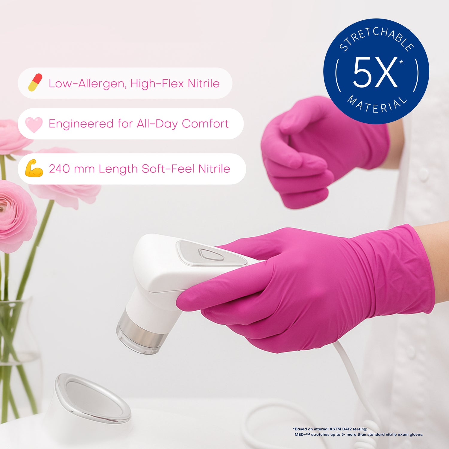 MED+ Nitrile Gloves, 4 Mil Disposable Medical Gloves Rose Orchid 100 Pcs