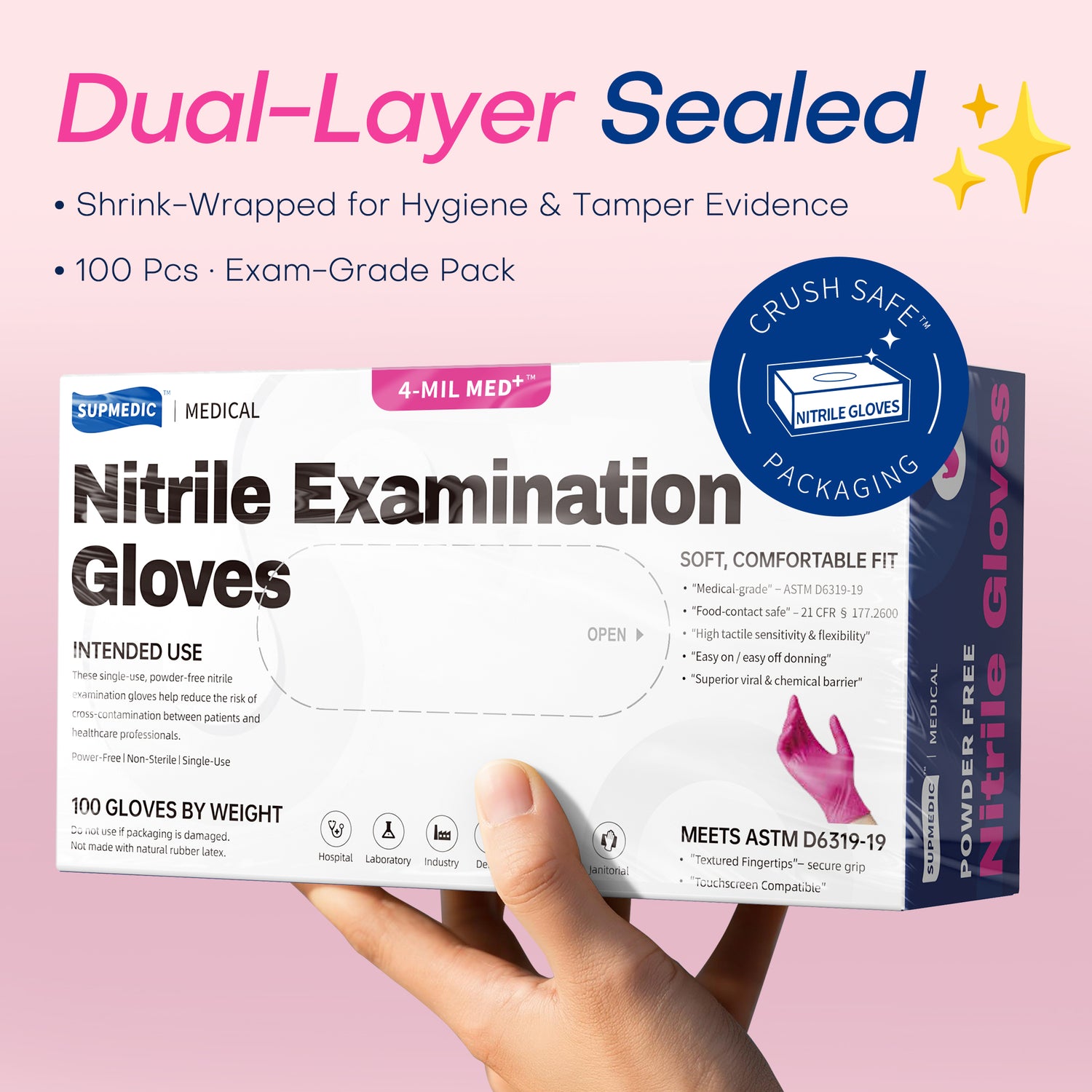 MED+ Nitrile Gloves, 4 Mil Disposable Medical Gloves Rose Orchid 100 Pcs