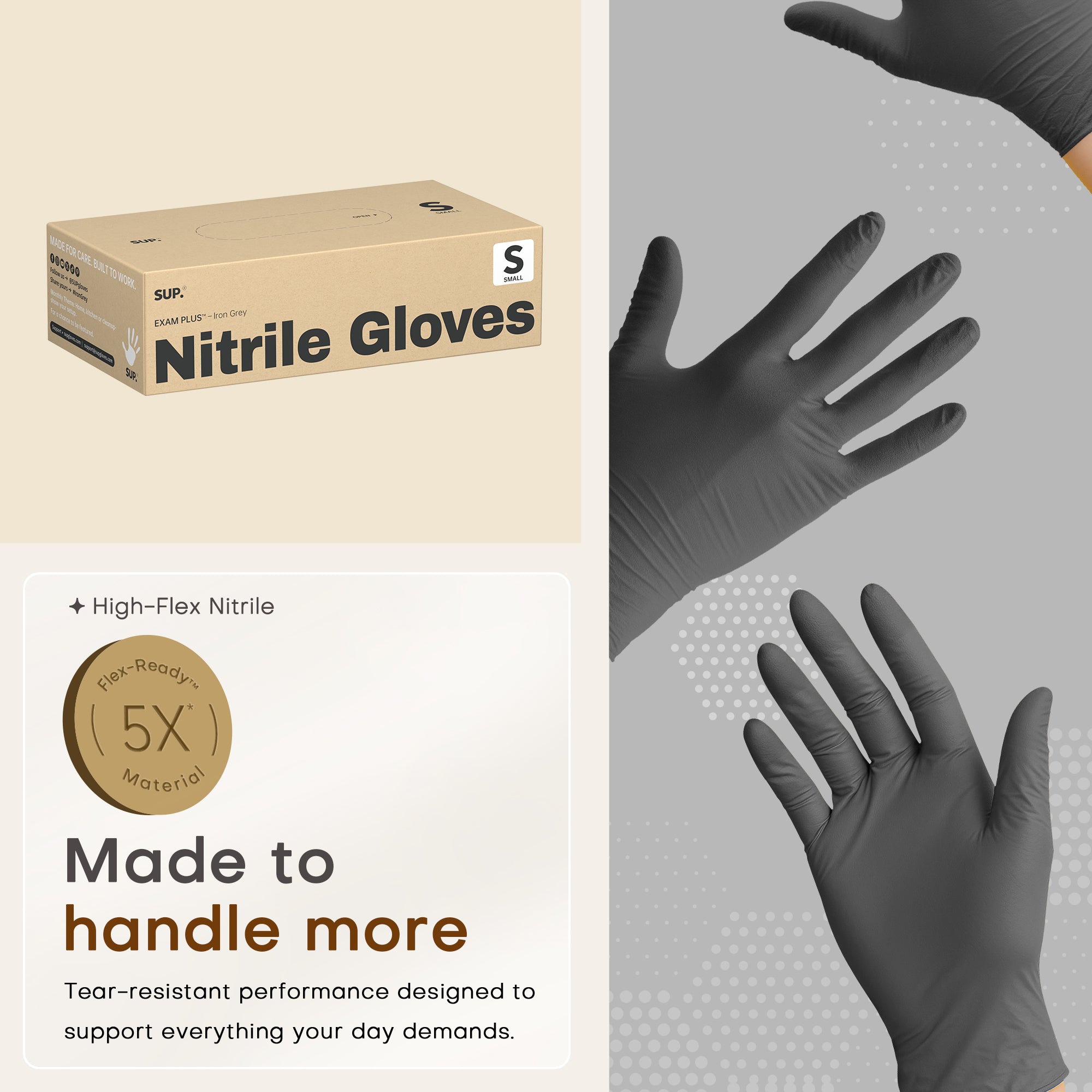 SUP® Iron Grey™ Examination Nitrile Gloves, Powder Free Food Safe Cooking Cleaning Protective Medical Gloves, Box of 100 pcs