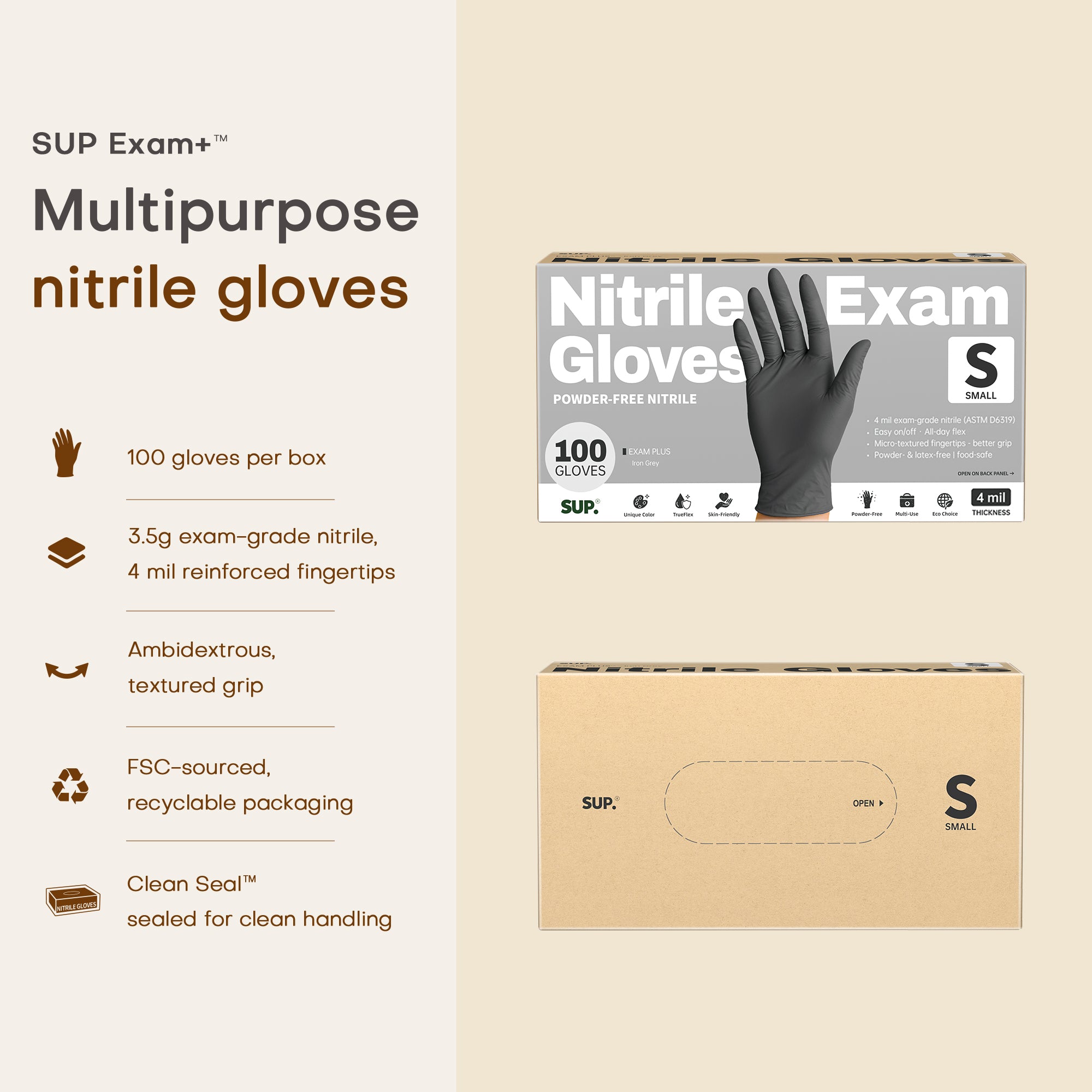 SUP® Iron Grey™ Examination Nitrile Gloves, Powder Free Food Safe Cooking Cleaning Protective Medical Gloves, Box of 100 pcs