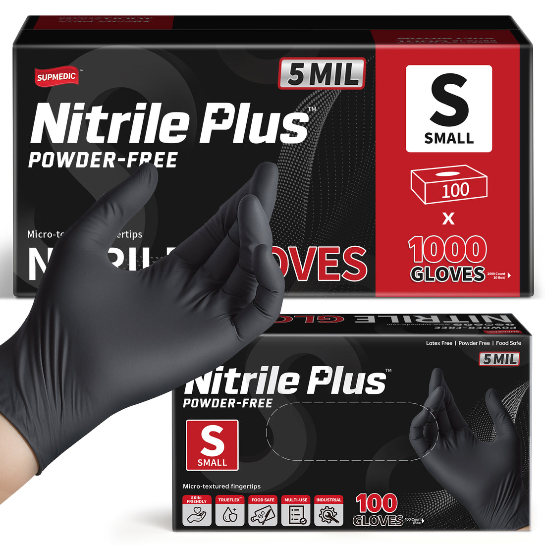 NITRILE+ Disposable Gloves, 5 mil, Black Medical Gloves 1000 Pcs