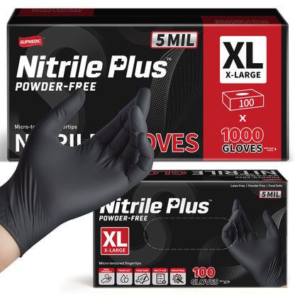 NITRILE+ Disposable Gloves, 5 mil, Black Medical Gloves 1000 Pcs