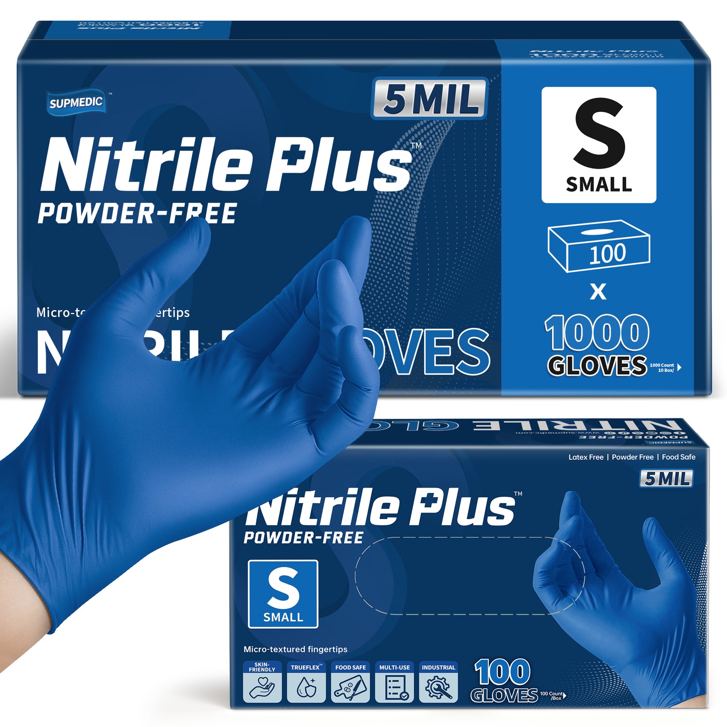 NITRILE+ Disposable Gloves, 5 mil, Blue Medical Gloves 1000 Pcs