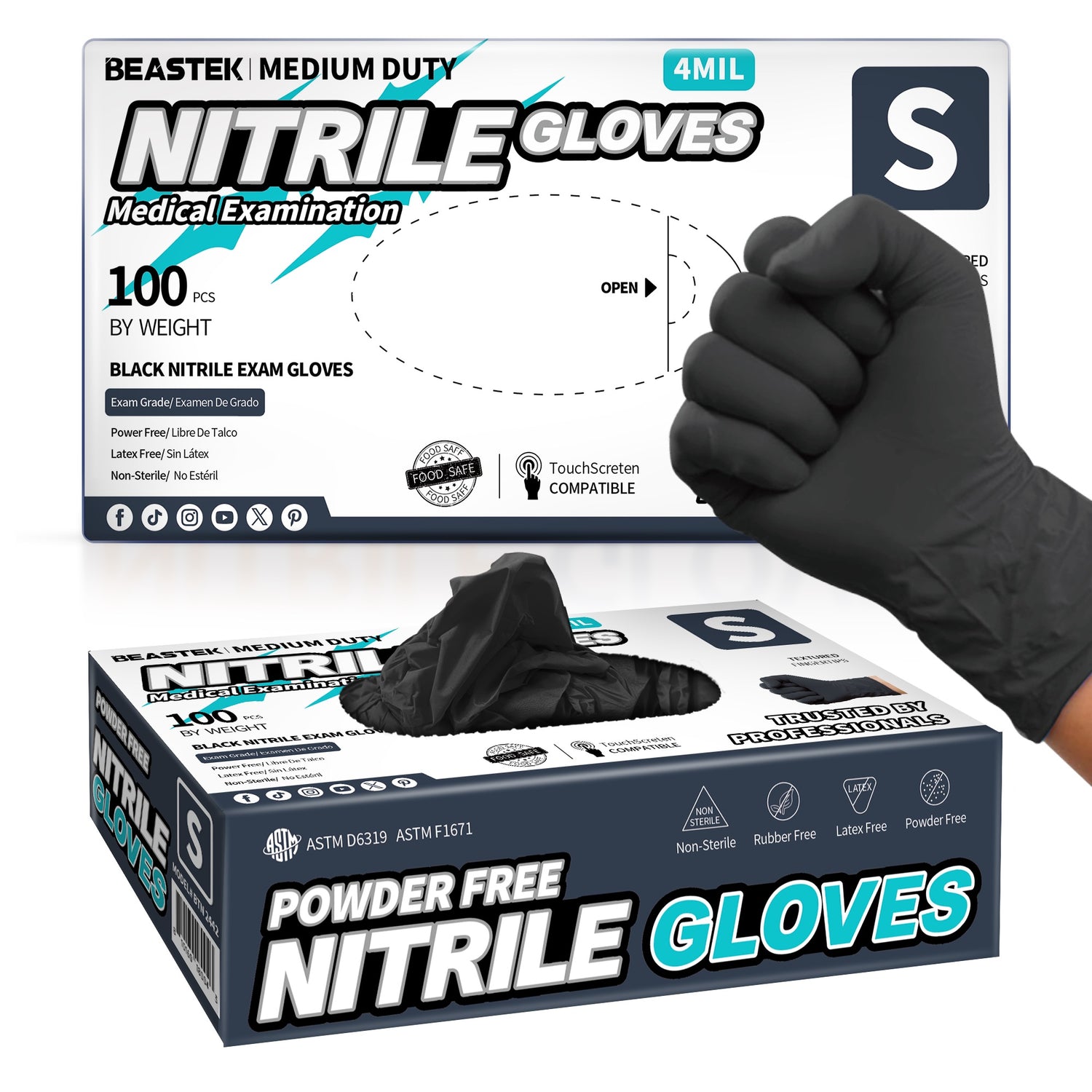 Beastek Black Nitrile Exam Glove, Disposable Medical Gloves, Box of 100 pcs (Small)