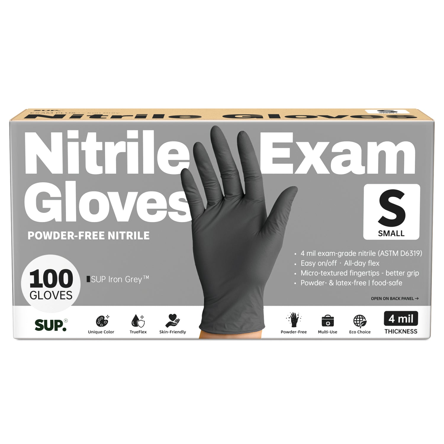 SUP® Iron Grey™ Examination Nitrile Gloves, Powder Free Food Safe Cooking Cleaning Protective Medical Gloves, Box of 100 pcs