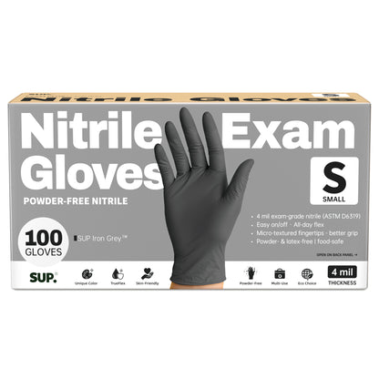 SUP® Iron Grey™ Examination Nitrile Gloves, Powder Free Food Safe Cooking Cleaning Protective Medical Gloves, Box of 100 pcs