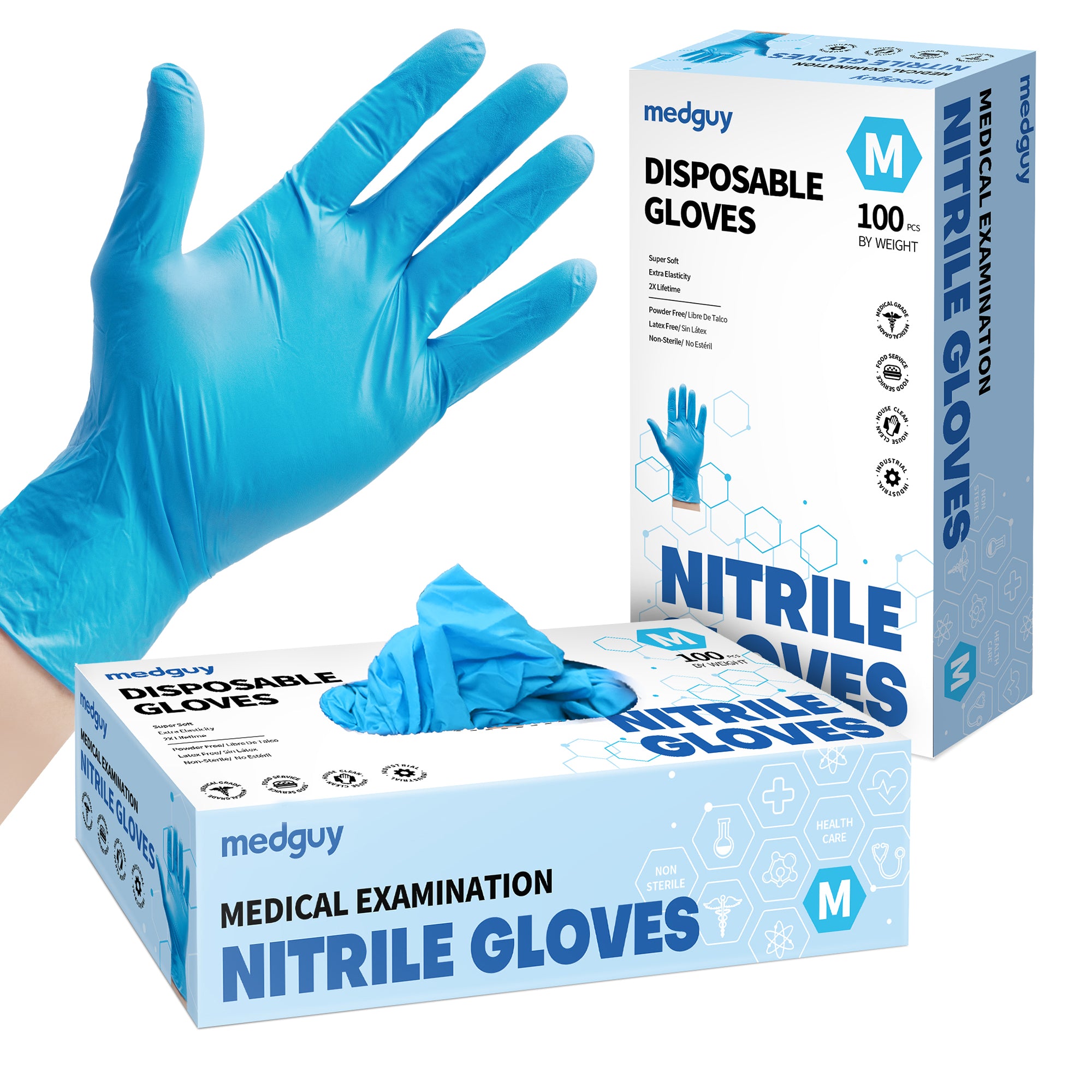 Medguy Blue Nitrile Exam Glove, Disposable Medical Gloves, Box of 100 pcs (Medium)