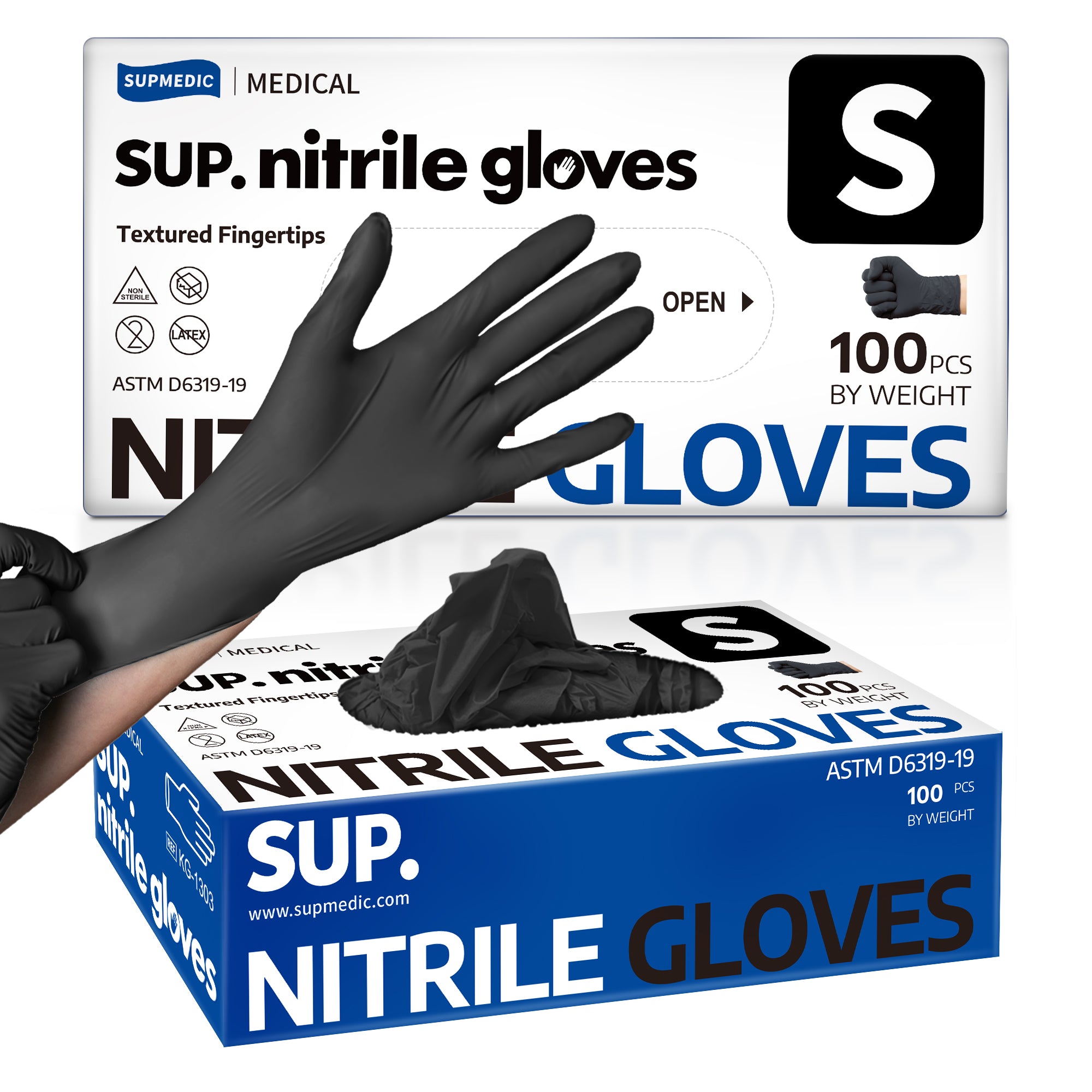 SUP. Black Nitrile Exam Glove, Disposable Medical Gloves, Box of 100 pcs (Small)