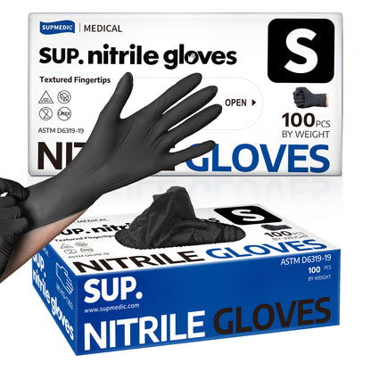SUP. Black Nitrile Exam Glove, Disposable Medical Gloves, Box of 100 pcs (Small)