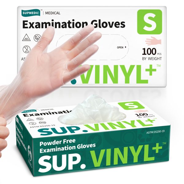 Sup. Vinyl+™ Exammination Gloves, Powder Free Disposable Medical Gloves, Clear, Box of 100 pcs