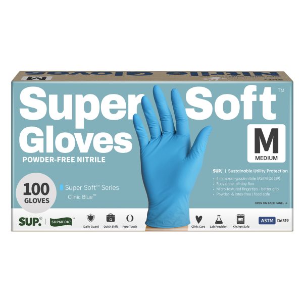 SUPER SOFT™ Examination Nitrile Gloves, Powder Free Medical Disposable Gloves, Blue, Box of 100 pcs