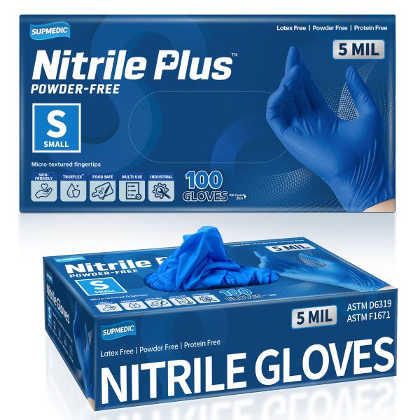 Supmedic Nitrile Plus™ Examination Gloves, Powder Free Medical Disposable Gloves, Blue, Box of 100 pcs (Small)