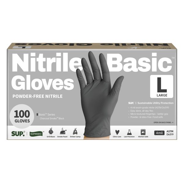 SUP. Nitrile Basic™ Examination Gloves, Powder Free Medical Disposable Gloves, Charcoal Smoke Black, Box of 100 pcs