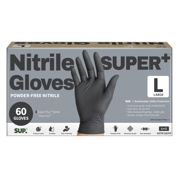 SUPER+™ Nitrile Examination Gloves, Powder Free Laboratory Exam & Industrial Disposable Gloves, Black, Box of 100 pcs