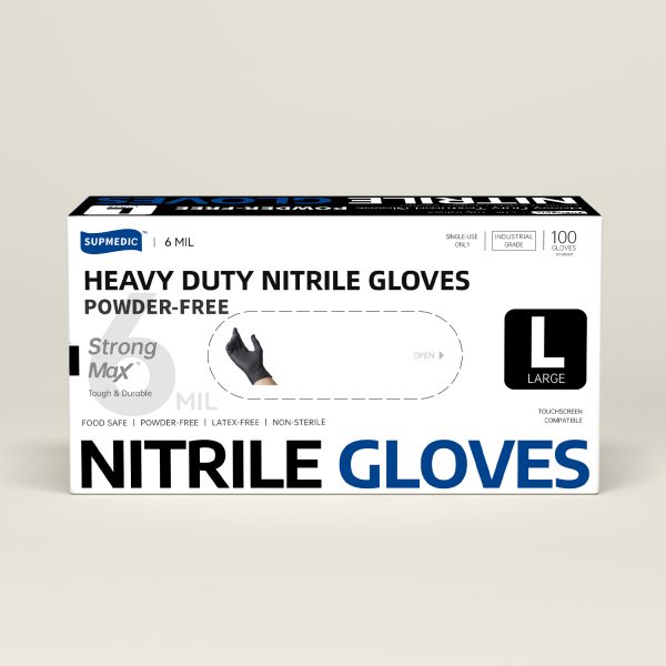 Supmedic® Strong Max™ Disposable Nitrile Gloves, 6 Mil Heavy Duty Powder Free Industrial Grade Exam Gloves, Black, Box of 100 pcs