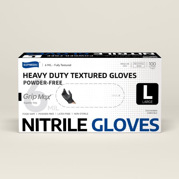 Supmedic® Grip Max™ Disposable Nitrile Gloves, Heavy Duty Powder Free Exam Gloves, Black, Box of 100 pcs