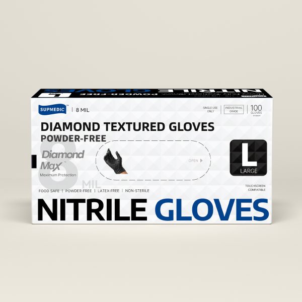 Supmedic® Diamond Max™ Disposable Nitrile Gloves, 8 Mil Heavy Duty Powder Free Industrial Grade Exam Gloves, Black, Box of 100 pcs