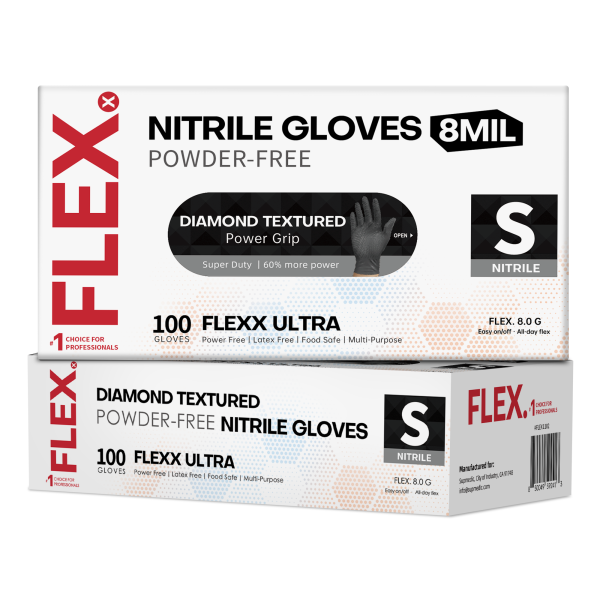 FLEXX™ Disposable Nitrile Gloves, 8 Mil Powder Free, Diamond Textured Gloves for Heavy Duty Industrial tasks, Cooking, Laboratory, House Cleaning, and Gardening, BLACK, 100 pcs, Small