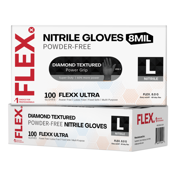 FLEXX ULTRA™ Disposable Nitrile Gloves, 8 Mil Powder Free, Diamond Textured Gloves for Heavy Duty Industrial tasks, Cooking, Laboratory, House Cleaning, and Gardening, BLACK, 100 pcs, LARGE