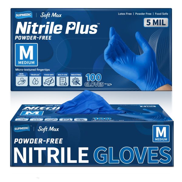 Supmedic® Soft Max™ Nitrile Plus Disposable Gloves, 5 Mil Powder Free Latex Free Gloves for Multi-Purpose Tasks, Food Prep, House Cleaning, Gardening, Blue, Box of 100 pcs (Medium)