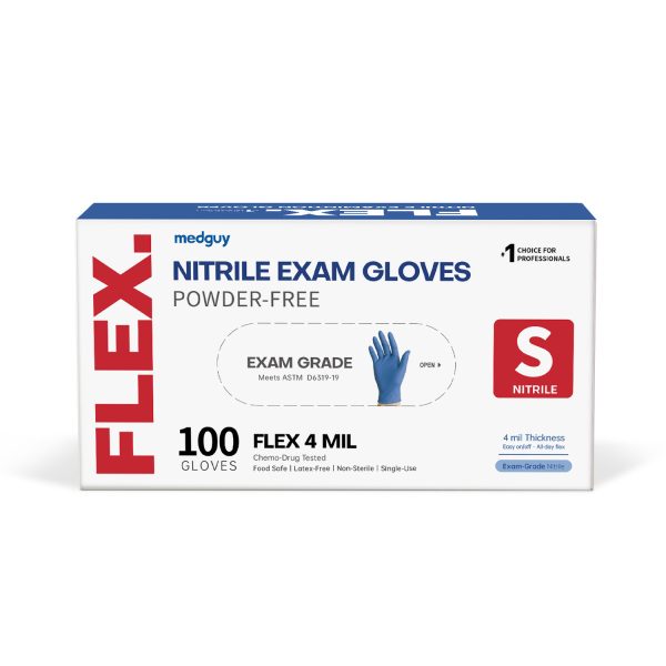 Medguy® FLEX™ Disposable Nitrile Exam Gloves, 4 Mil Powder Free Medical Exam Gloves, Blue, Box of 100 pcs, Small