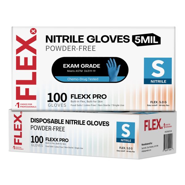 FLEXX PRO™ Disposable Nitrile Gloves, 5 Mil Powder Free Medical Exam Gloves for Multi-Purpose Tasks, Laboratory, Food Prep, Household Cleaning, BLUE, 100 pcs, Small