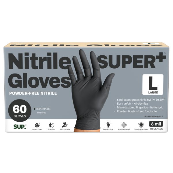 SUP™ Disposable Nitrile Gloves, 6 Mil SUPER+ Powder Free Food Safe Gloves for Heavy Duty Industrial tasks, Laboratory, House Cleaning, and Gardening, BLACK, 100 pcs, LARGE